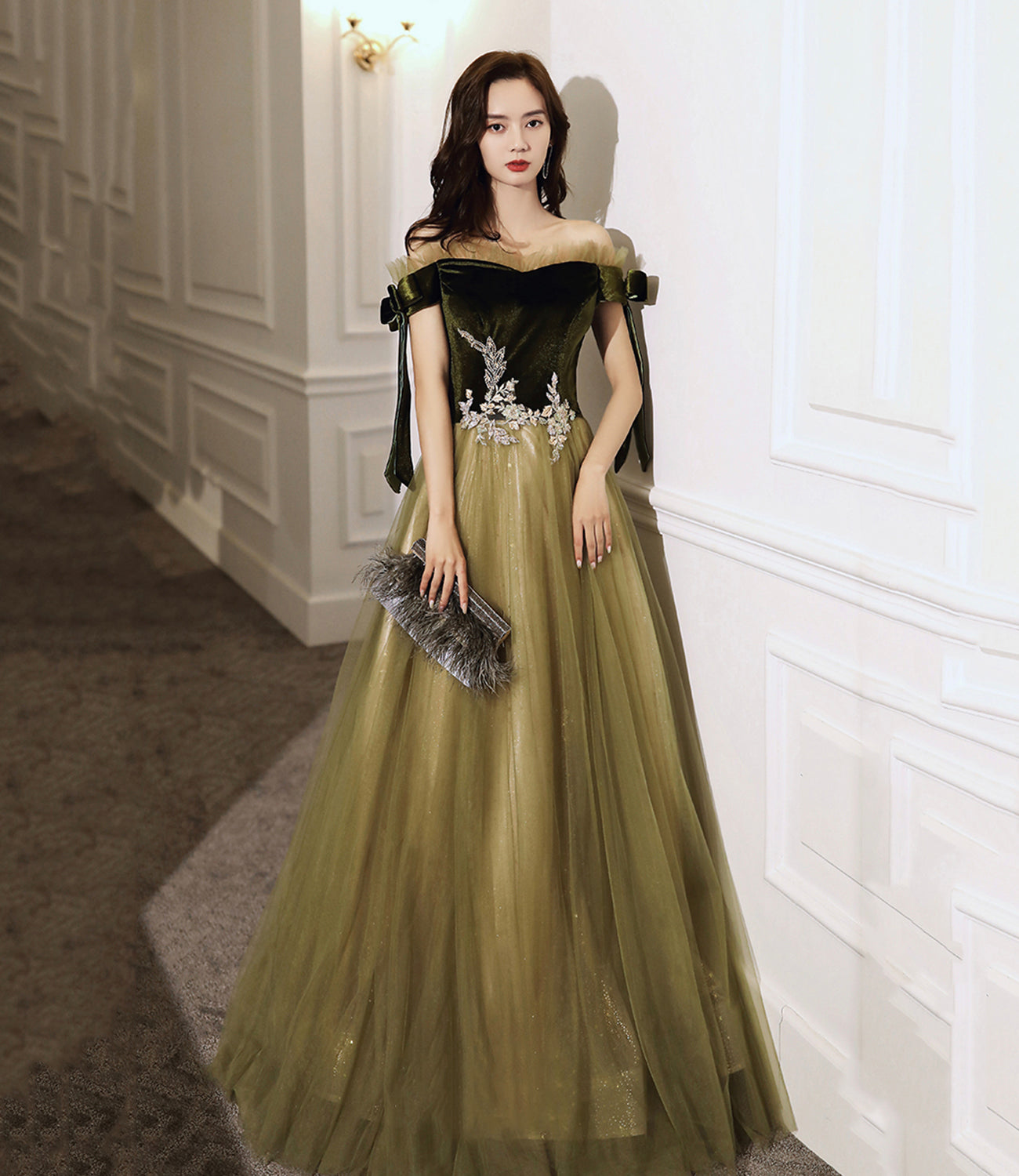 GREEN TULLE LONG A LINE PROM DRESS EVENING DRESS cg23123