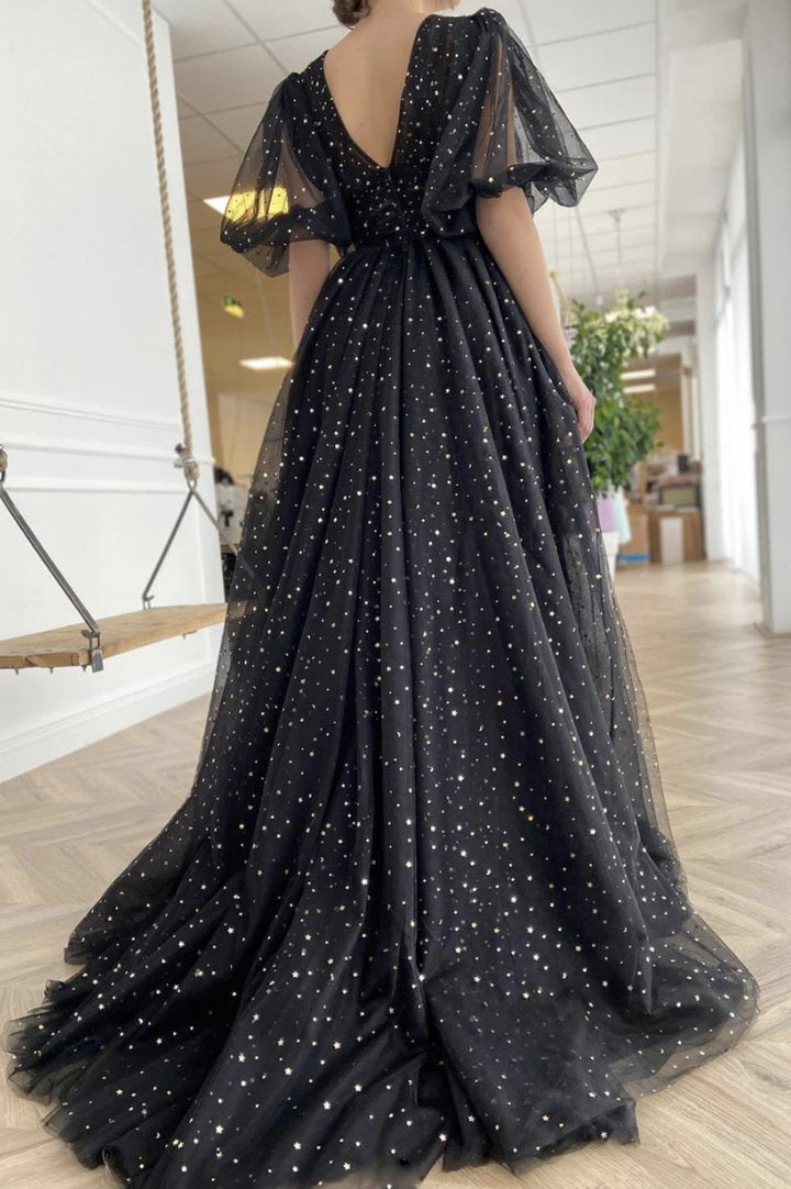 Black v neck tulle long A line prom dress evening dress cg23129