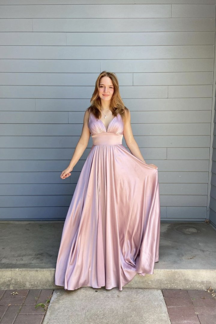 Pink v neck long A line prom dress pink evening dress cg23132