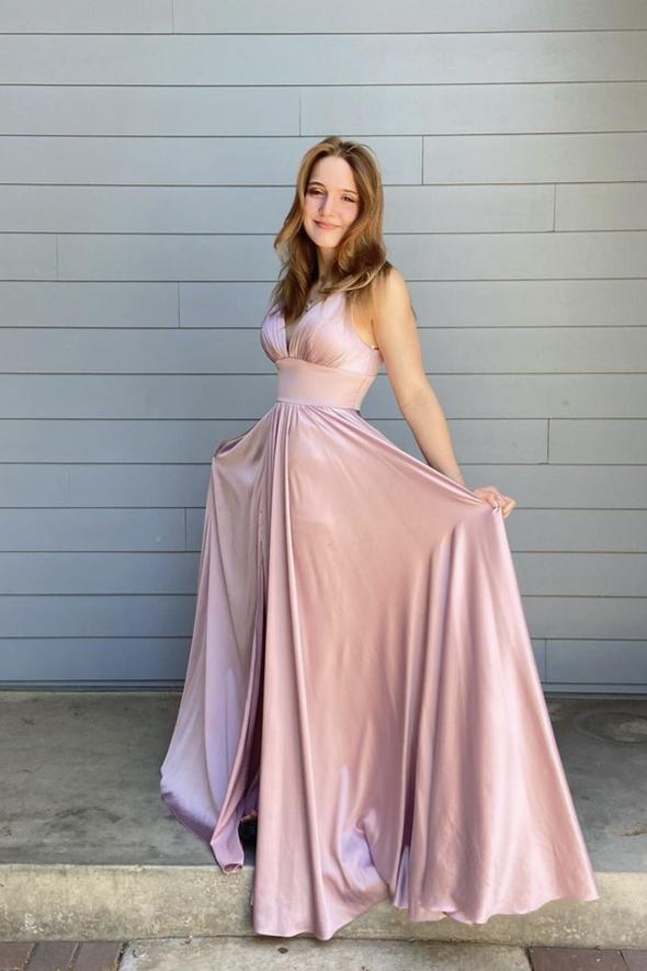 Pink v neck long A line prom dress pink evening dress cg23132