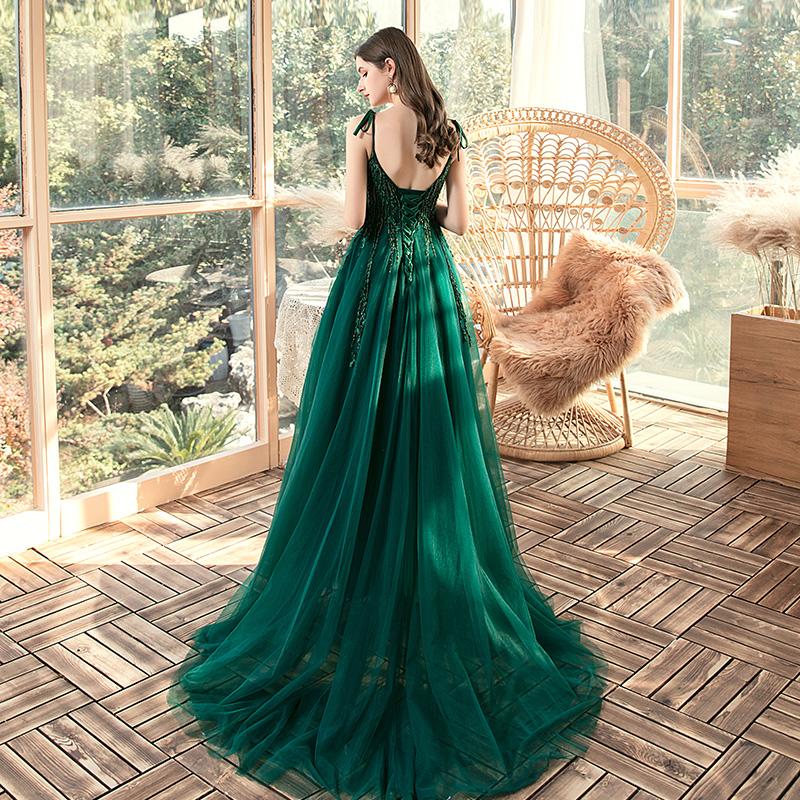 Green Beaded V-Neckline Straps Tulle Long Formal Dress, Dark Green A-Line Prom Dress cg23133