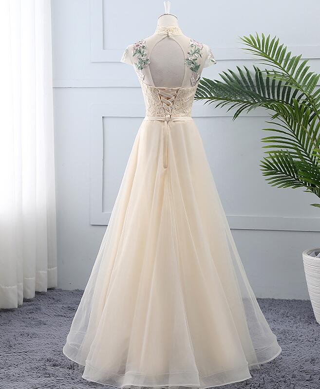 Light Champagne Tulle And Lace High Neckline Long Party Dress, A-Line Tulle Bridesmaid prom Dress cg23136
