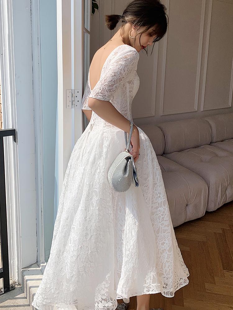 White Lace Short Sleeves Tea Length Wedding Party Dress, White Graduation Dresses Prom Dress cg23137