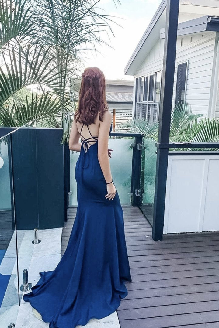 Blue v neck long prom dress mermaid evening dress cg23164