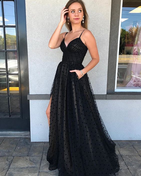 Black Spaghetti Straps Polka Dot Net Side Slit Prom Dress with Pockets cg23199