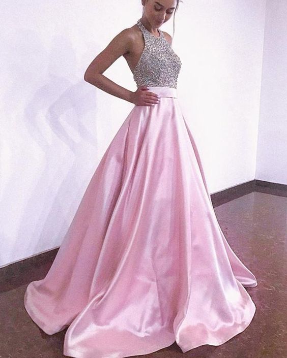 Halter Prom Dresses Long Satin Beaded Open Back cg23204