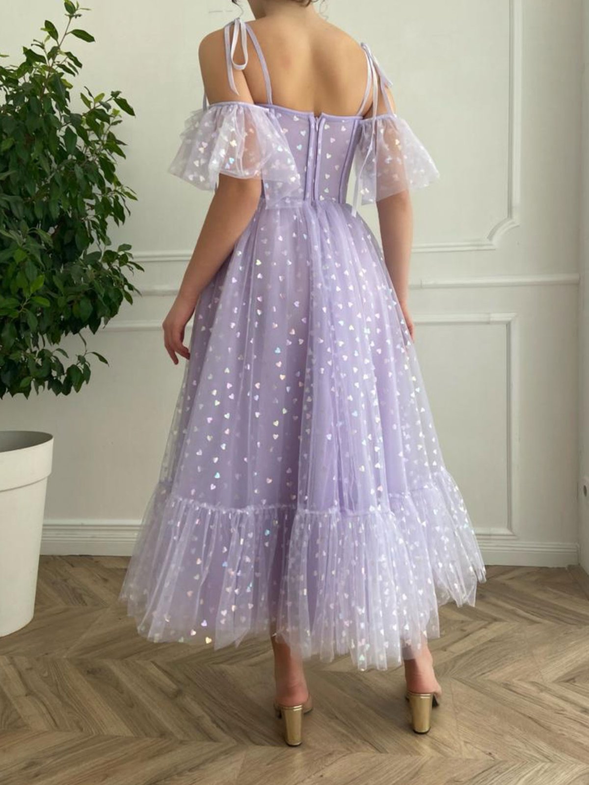 Purple tulle tea length prom dress, purple evening dress cg23217