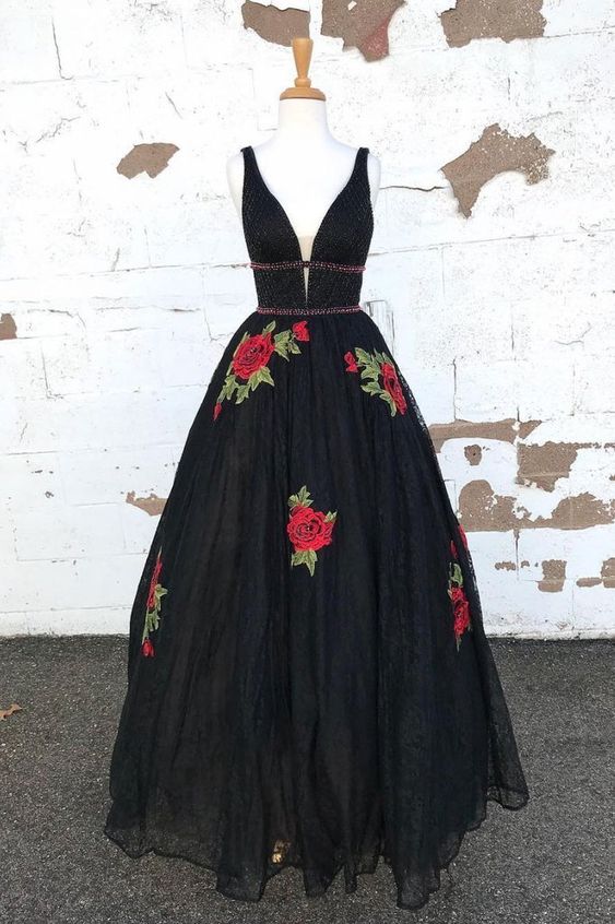 Black Tulle Beaded V Neck Long Formal Prom Dress, Halter Evening Dress cg23238