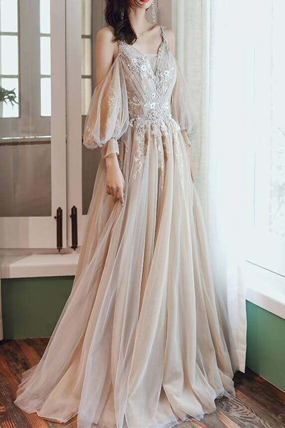 Unique Cold Sleeves Champagne Long Formal Dress long prom dress, evening dress cg23246