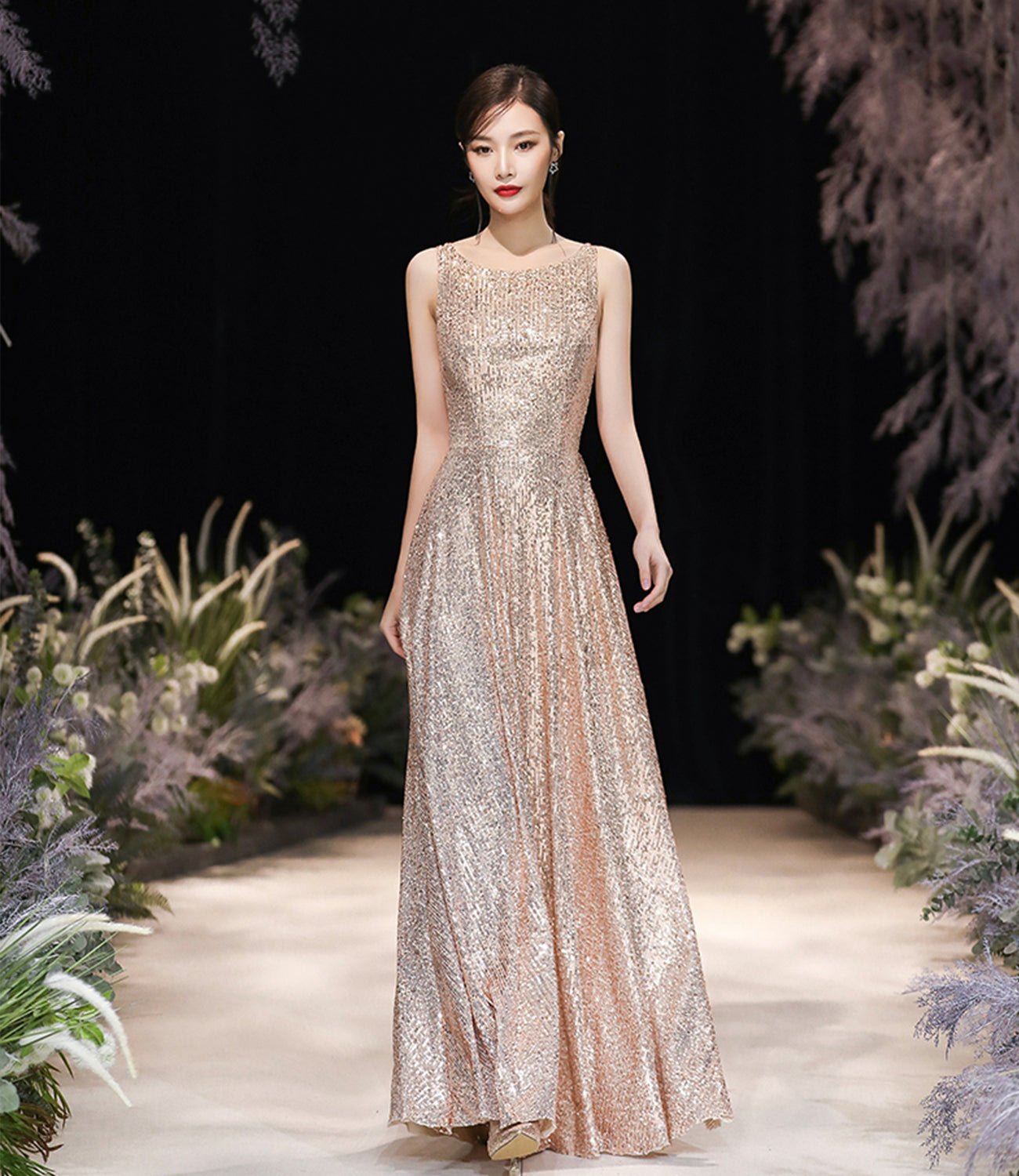 CHAMPAGNE SEQUINS LONG PROM DRESS A LINE EVENING DRESS cg23252