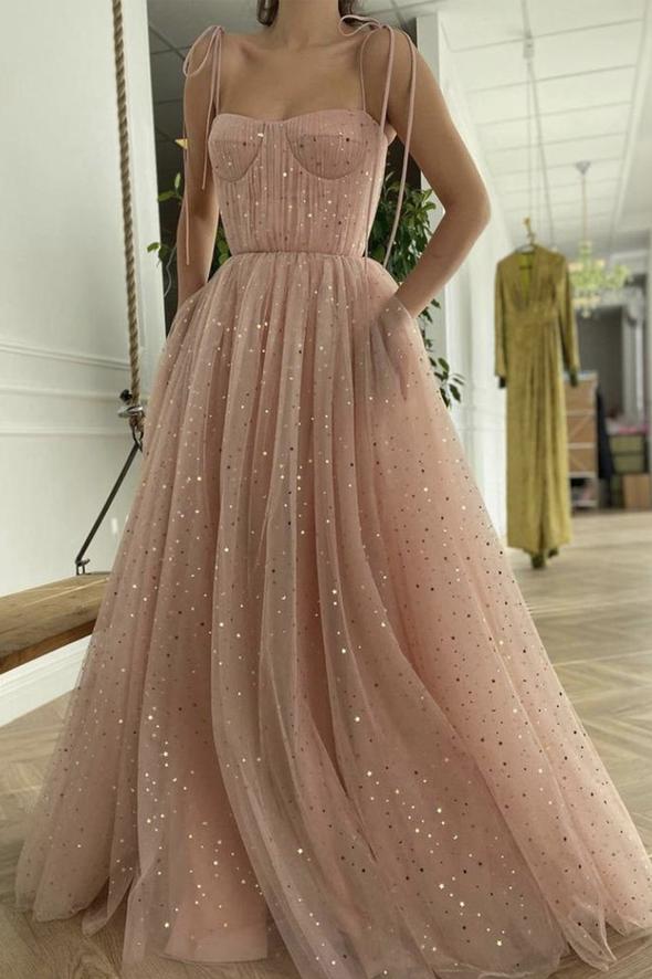 Pink tulle long A line prom dress pink evening dress cg23261