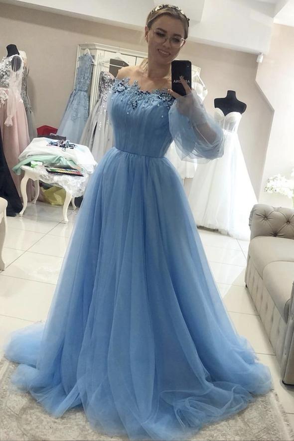 Blue tulle long A line prom dress blue evening dress cg23262