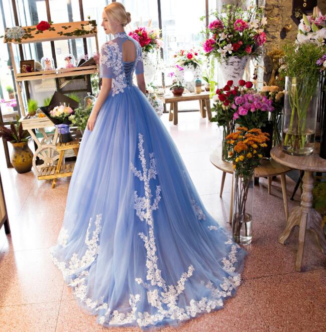 Blue Lace Short Sleeves Long Tulle Sweet 16 Gown, Blue Quinceanera Prom Dresses cg23263