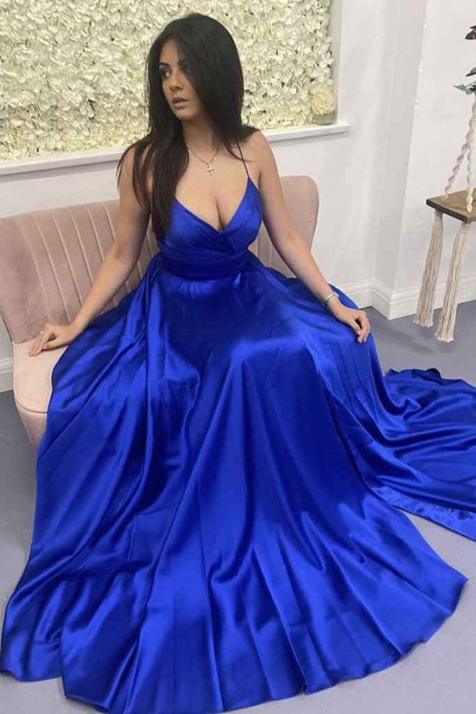A Line V Neck Backless Royal Blue Satin Long Prom Dress cg23264