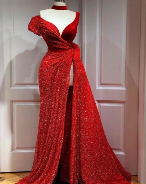 Red Evening Dresses Glitter Beads A Line Formal Prom Gowns High Split Party Dress Plus Size Women Gowns cg23267