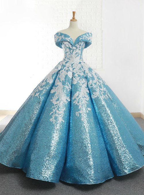 Blue Ball Gown Sequins Off The Shoulder Appliques Wedding Prom Dress cg23268