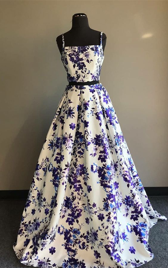 Two Piece Spaghetti Straps Floor-Length White Printed Prom Dress cg23289