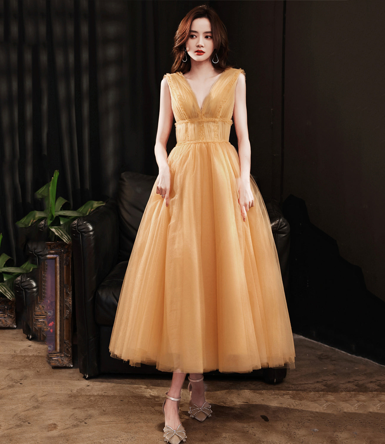 YELLOW TULLE TEA LENGTH PROM DRESS EVENING DRESS cg23305