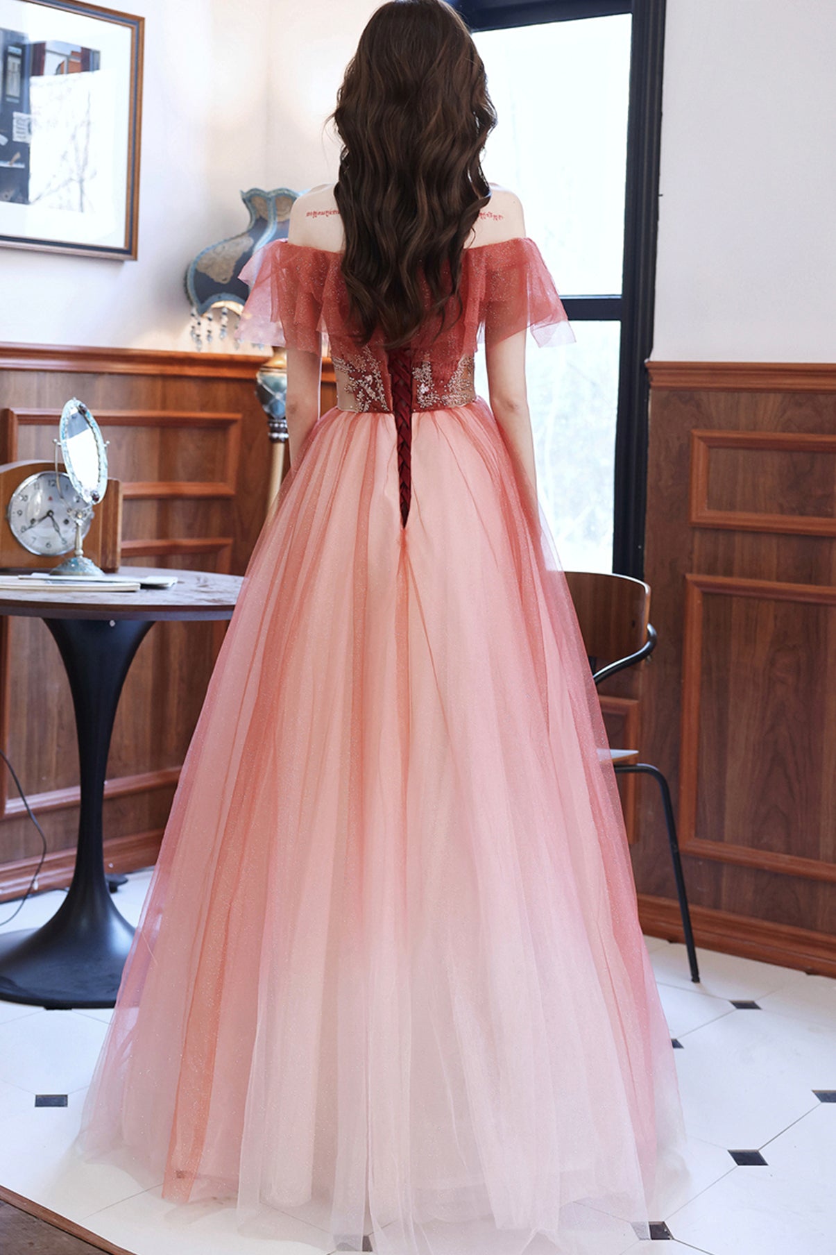 STYLISH TULLE LONG A LINE PROM DRESS EVENING DRESS cg23306