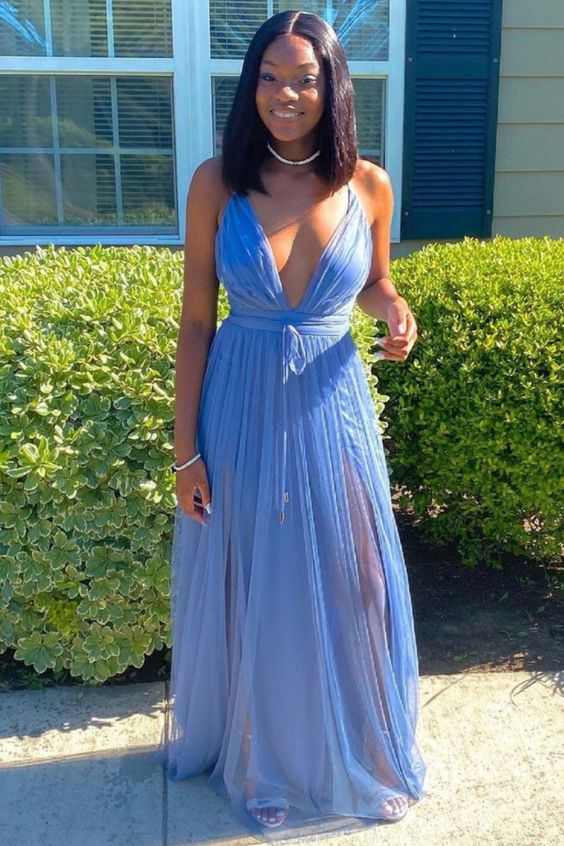 simple A-line blue tulle long maxi dresd for prom 2022 cg23312