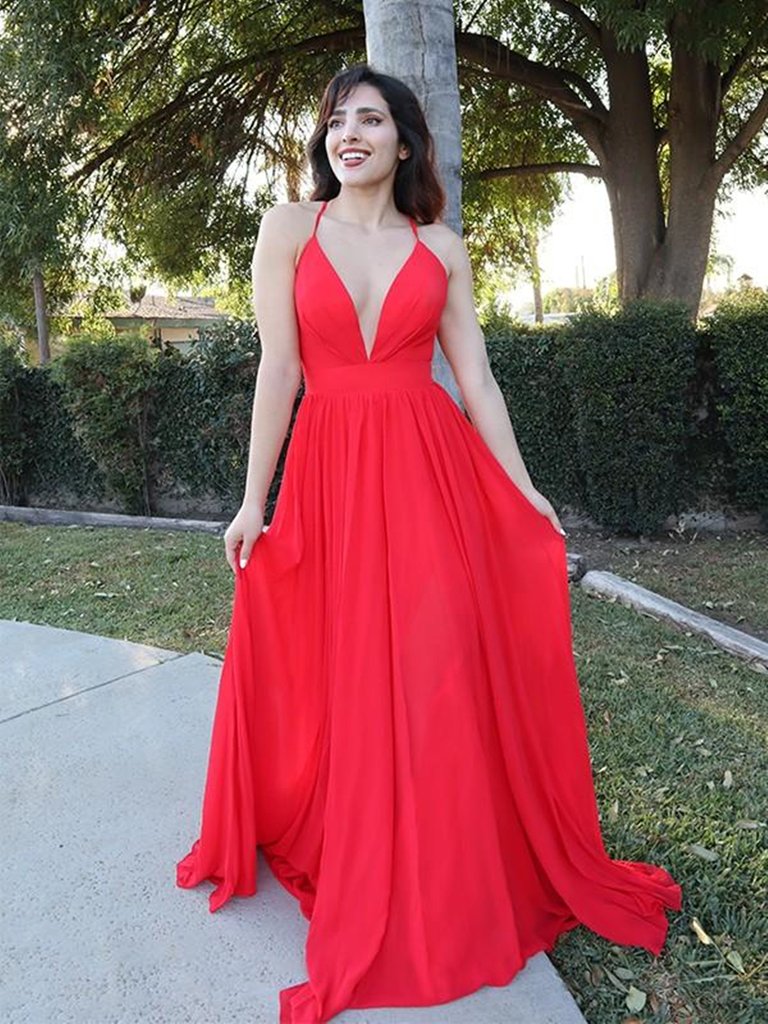 A Line V Neck Backless Red Long Prom Dresses, Open Back Red Formal Graduation Evening Dresses cg23315