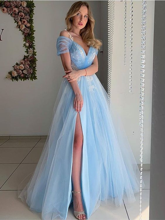 Elegant Off Shoulder Light Blue Tulle Long Prom Dresses, Off the Shoulder Light Blue Formal Evening Dresses cg23317