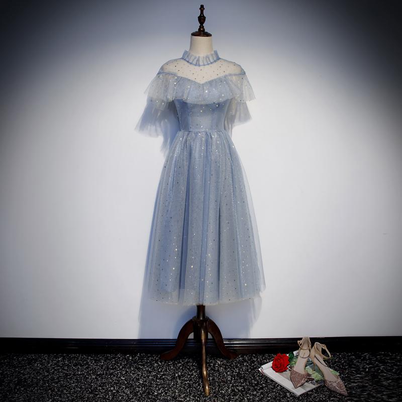 Light Blue Shiny Tulle High Neckline Homecoming Dress Party Dress cg23333