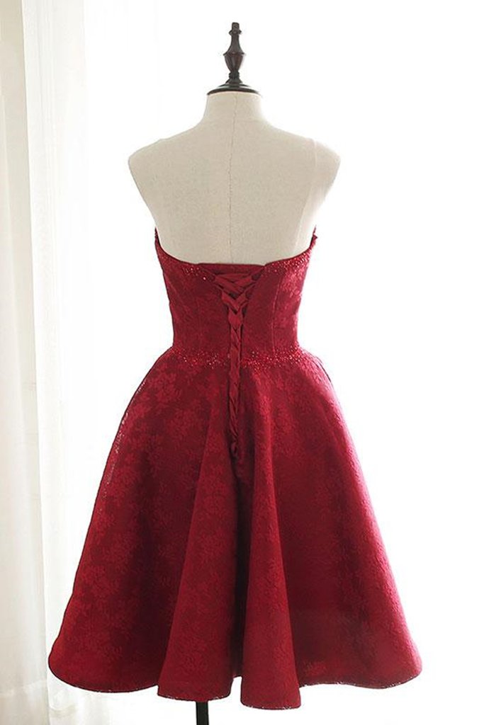 Short Burgundy Lace Homecoming Dress, Maroon Lace Formal Evening Dress cg23336
