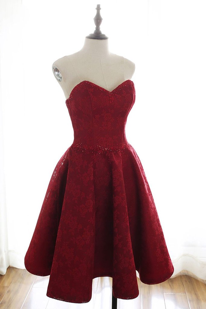Short Burgundy Lace Homecoming Dress, Maroon Lace Formal Evening Dress cg23336