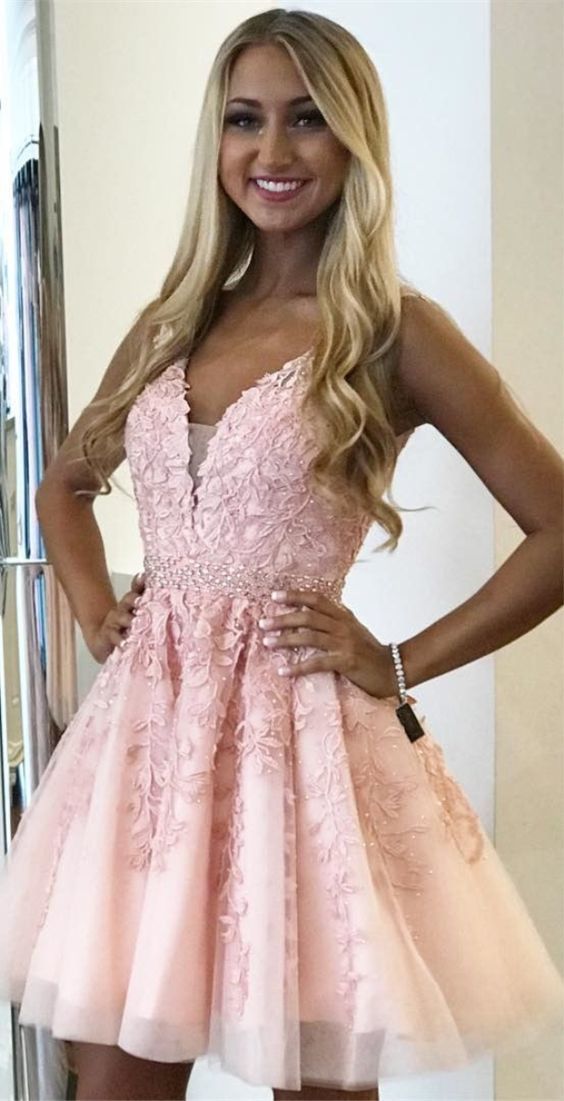 A-Line V-neck Above-Knee Pink Homecoming Dress with Appliques Beading cg23347