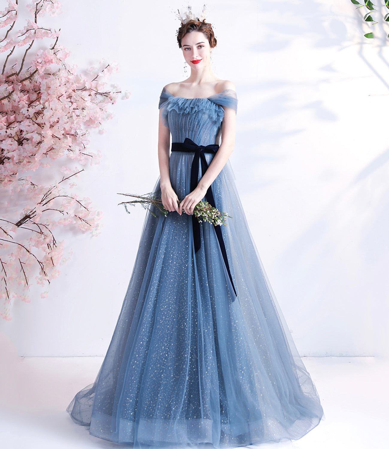 BLUE TULLE LONG A LINE PROM DRESS BLUE EVENING DRESS cg23356