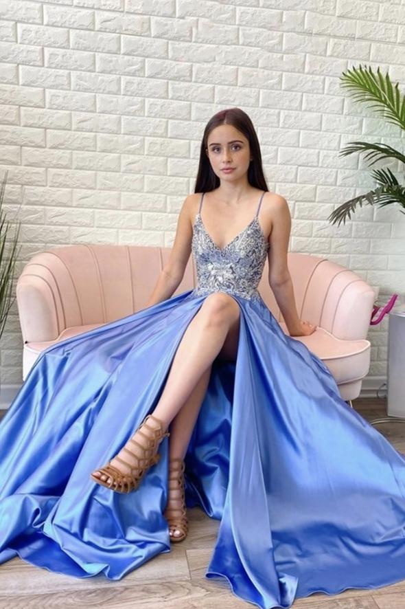 Blue v neck lace long A line prom dress blue evening dress cg23364