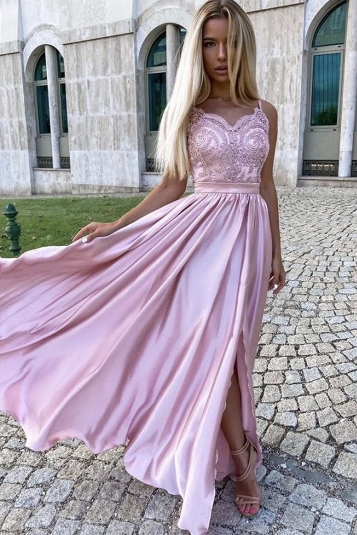 Pink lace long A line prom dress pink evening dress cg23367
