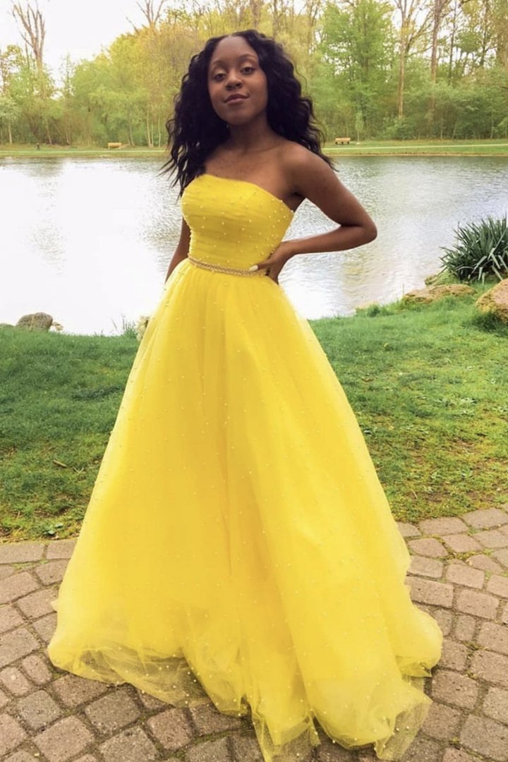 Yellow tulle long A line prom dress yellow evening dress cg23368