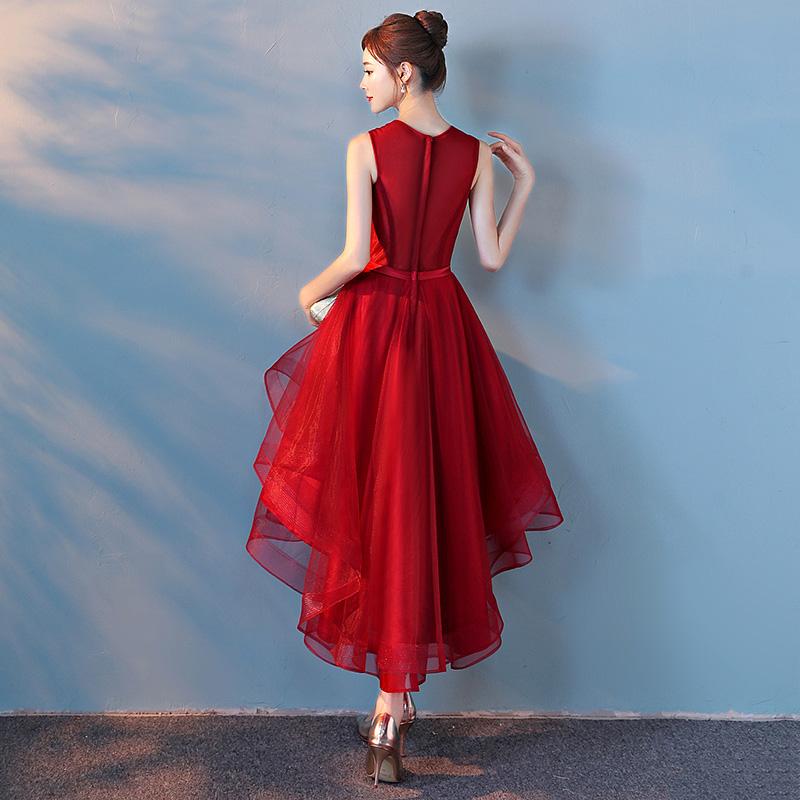 Wine Red Sequins Tulle High Low Round Neckline Party Dresses, Dark Red Homecoming Dresses cg23370
