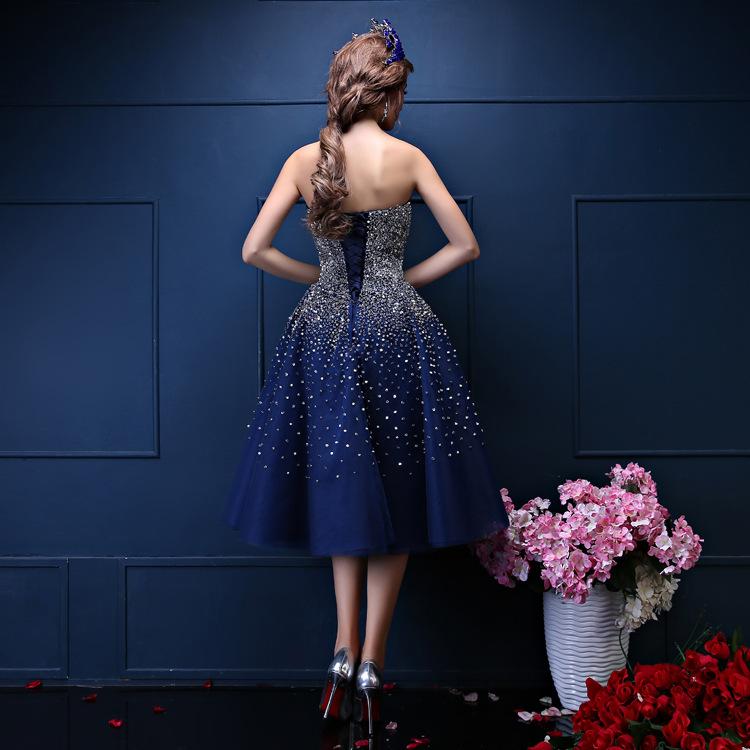 Navy Blue Sequins Sweetheart Tulle Knee Length Party Dresses, Blue Homecoming Dresses cg23371
