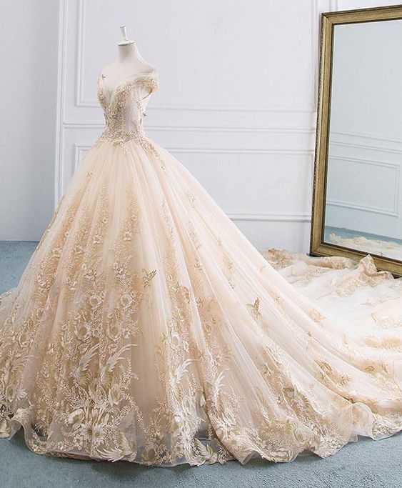 Unique champagne tulle lace long wedding prom dress, bridal gown cg23377
