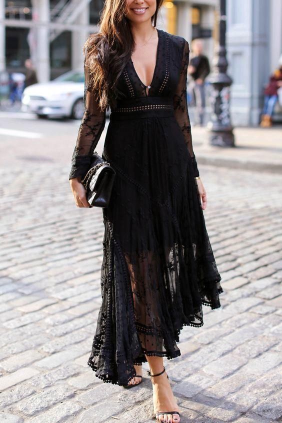 Sheer Sleeves Black Prom Dress With Lace cg23381