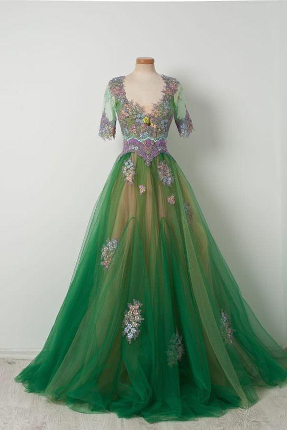 Appliques Half Sleeves Green Long Tulle prom Dress cg23387
