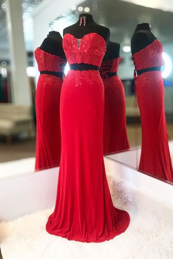 Elegant Two Piece Sweetheart Beaded Red Prom Dress With Lace-up cg23392