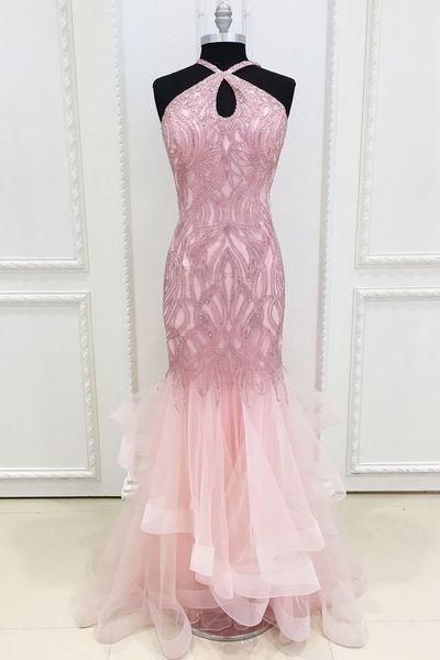 Sparkly Beads Pink Mermaid Long Prom Dress cg23400
