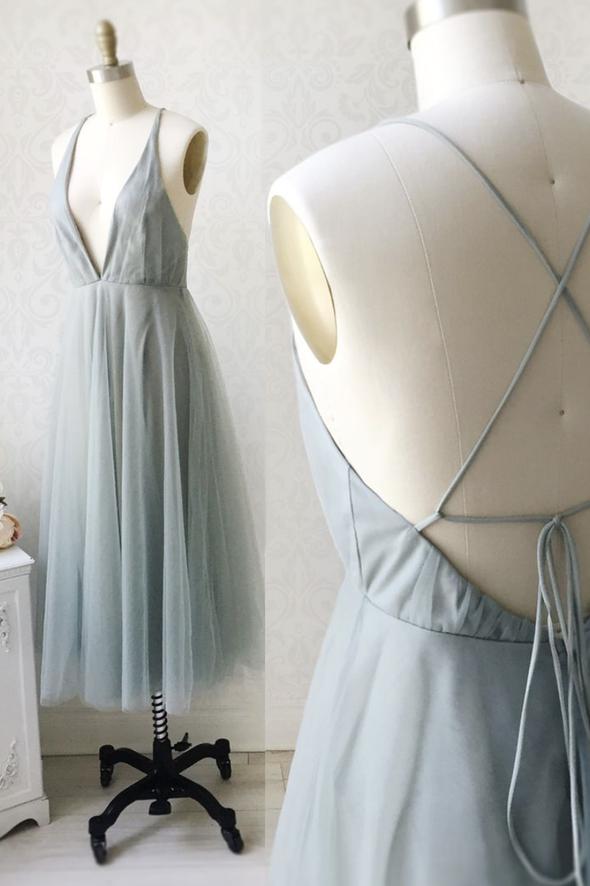 Simple v neck tulle short A line prom dress evening dress cg23404