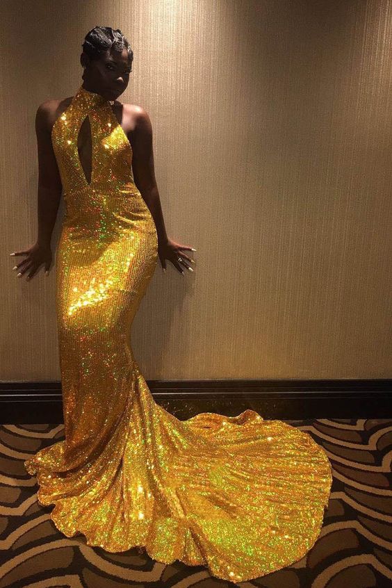 Amazing Mermaid Gold Key Hole High Neck Backless African American Long Prom Dresses cg23409