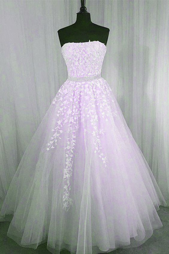 Light Purple Tulle Strapless Lace Applique Long Formal prom Gown cg23413