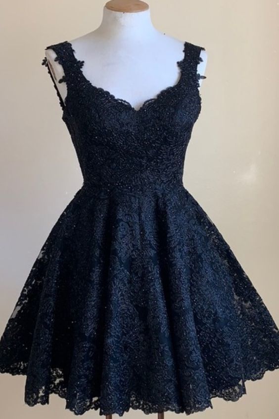A-line Short Navy Blue Lace Homecoming Dress cg23419