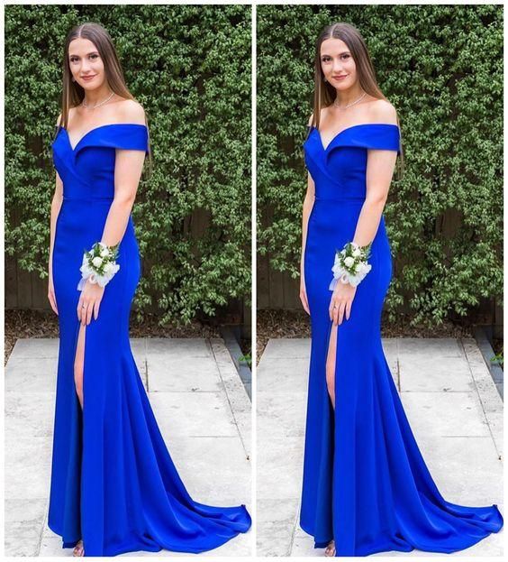 Classic Off Shoulder Mermaid Royal Blue Long Prom Dress cg23441