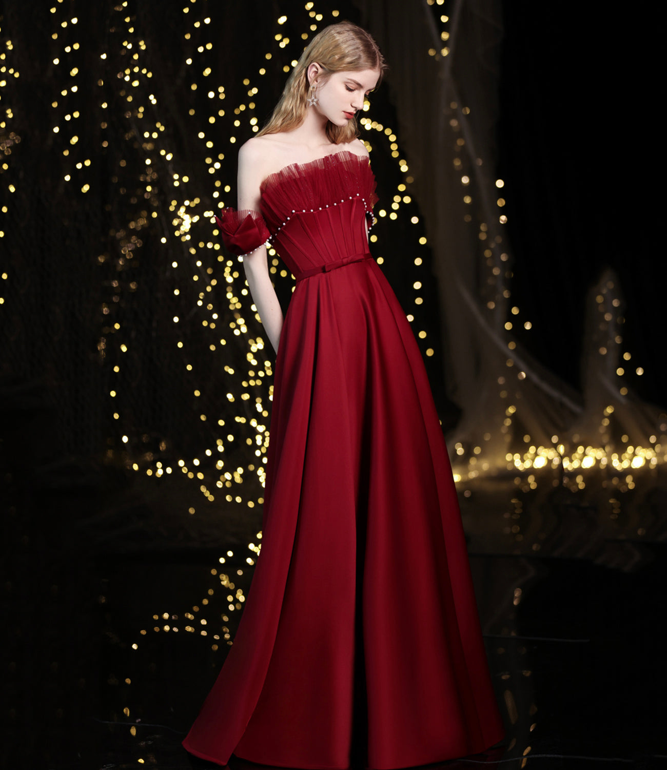 BURGUNDY SATIN LONG A LINE PROM DRESS EVENING DRESS cg23457