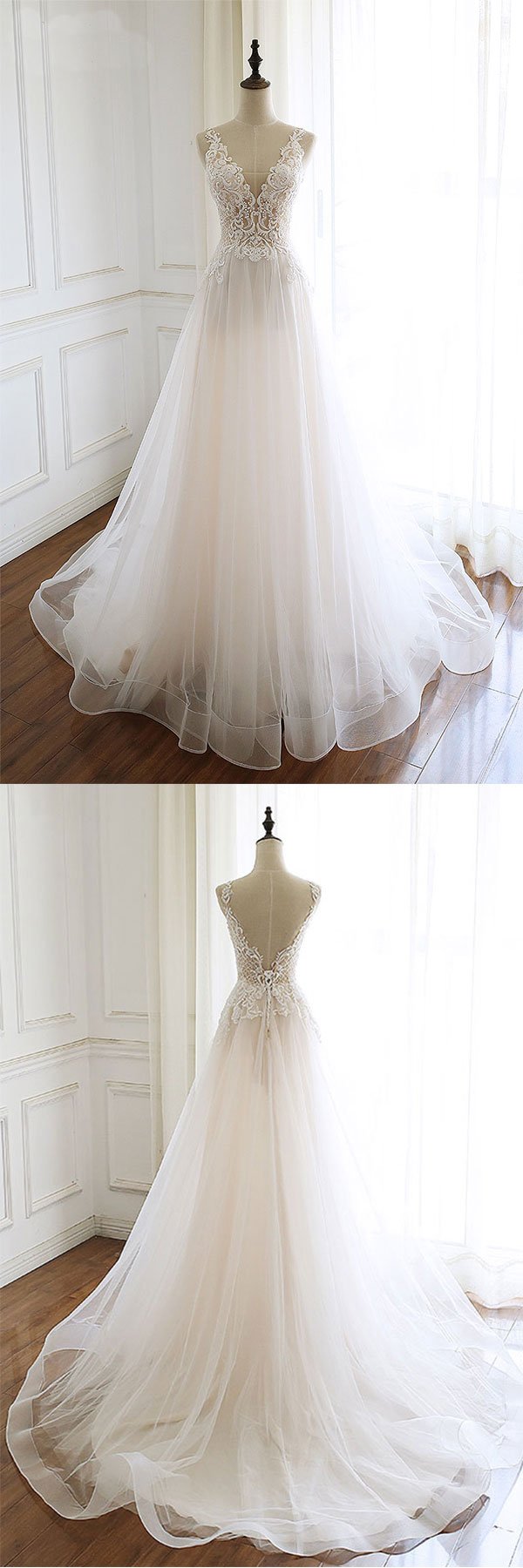 WHITE V NECK TULLE LACE LONG PROM DRESS, WHITE TULLE EVENING DRESS cg23459