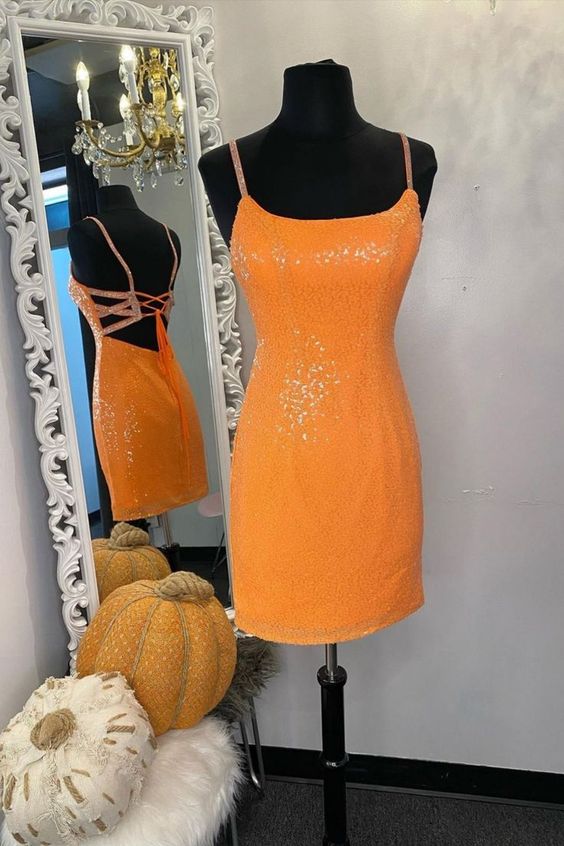 glitter orange sequins short homecoming dress cg23469