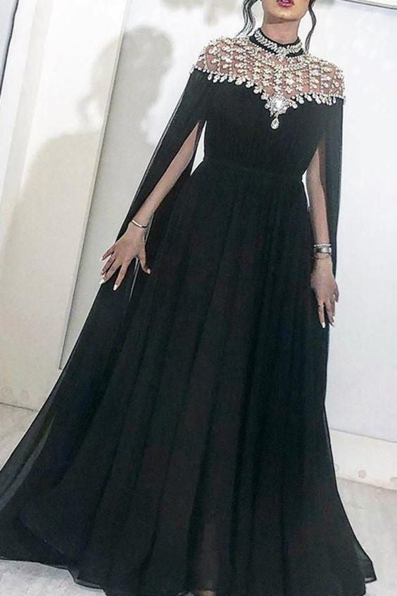black beading long formal evening prom dress with long sleeves cg23473